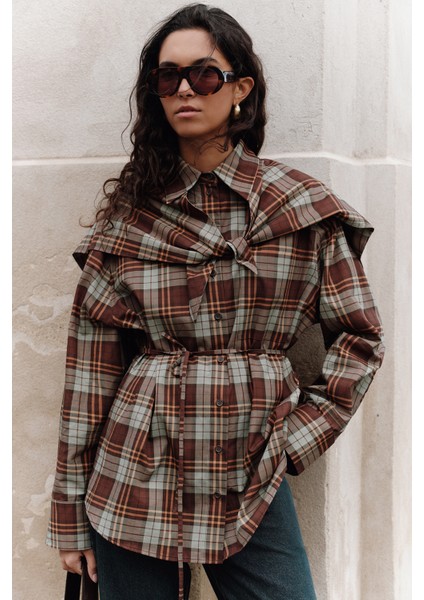 Üçgen Fularlı Oversıze Gömlek Ekose Yeşil