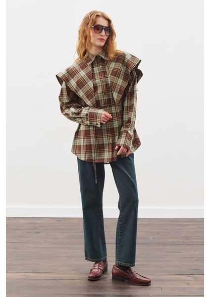 Üçgen Fularlı Oversıze Gömlek Ekose Yeşil fiyatları