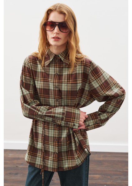 Üçgen Fularlı Oversıze Gömlek Ekose Yeşil indirimleri