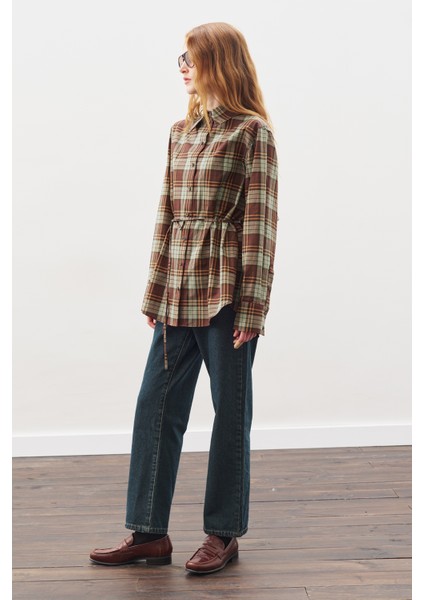 Üçgen Fularlı Oversıze Gömlek Ekose Yeşil