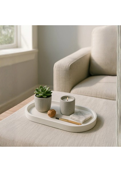 Beyaz Beton Oval Tepsi – Şık ve Dayanıklı Dekoratif Sunum Tepsisi (18×9 Cm)