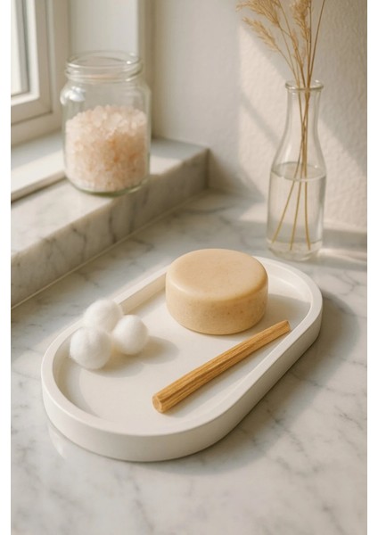 Beyaz Beton Oval Tepsi – Şık ve Dayanıklı Dekoratif Sunum Tepsisi (18×9 Cm)