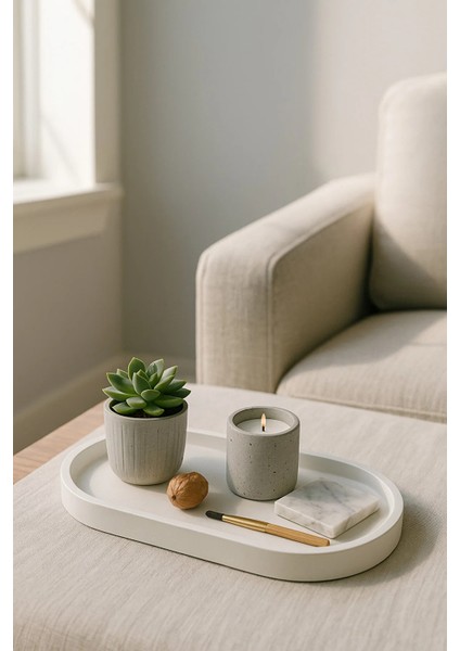 Beyaz Beton Oval Tepsi – Şık ve Dayanıklı Dekoratif Sunum Tepsisi (18×9 Cm)