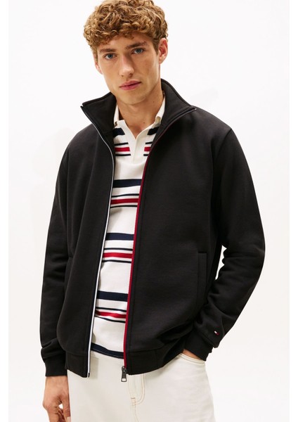 Erkek Global Stripe Şerit Detaylı Dik Yaka Fermuarlı Sweatshirt - Siyah