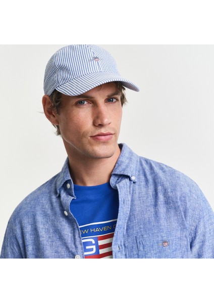 Erkek Lacivert Regular Fit Düğmeli Yaka Keten Gömlek