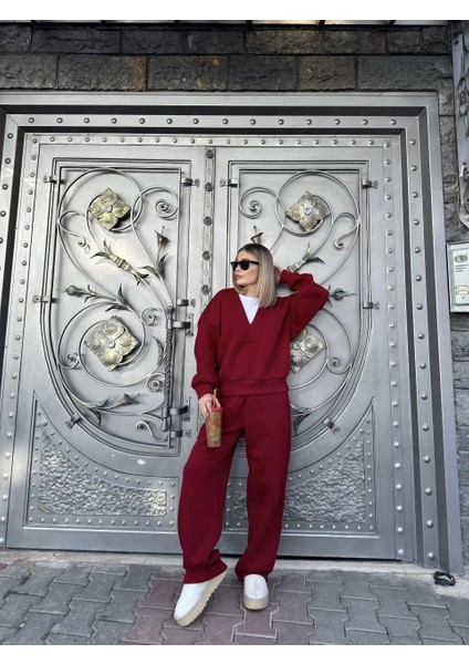 Geniş V Yaka Üç Iplik Sweat Takım - Bordo modelleri