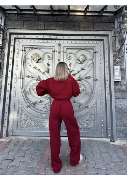 Geniş V Yaka Üç Iplik Sweat Takım - Bordo fırsatları