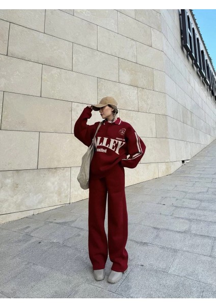 Üç Iplik Yakalı Sweat Baggy Pantalonlu Takım - Bordo indirimleri