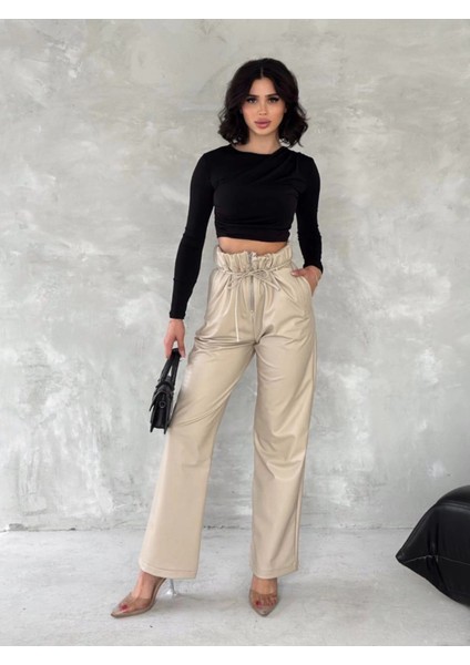 Kendinden Ince Kemerli Deri Pantolon Bej T1178