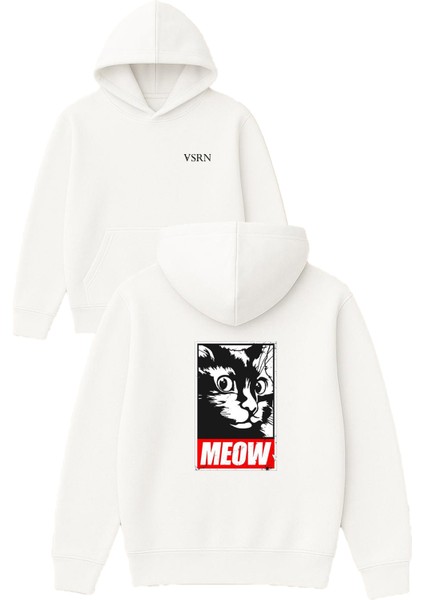 Meow Tasarım Baskılı Oversize Beyaz Kapüşonlu Sweatshirt