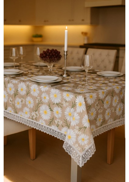 Lüks Papatya Masa Örtüsü - Dantel Süslemeli Modern Tasarım Leke Tutmaz Su Geçirmez