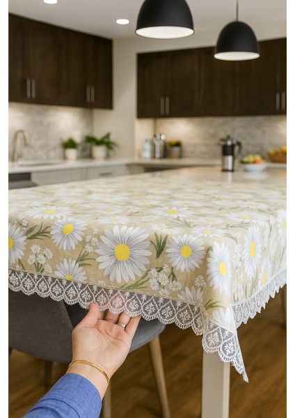 Lüks Papatya Masa Örtüsü - Dantel Süslemeli Modern Tasarım Leke Tutmaz Su Geçirmez fırsatları