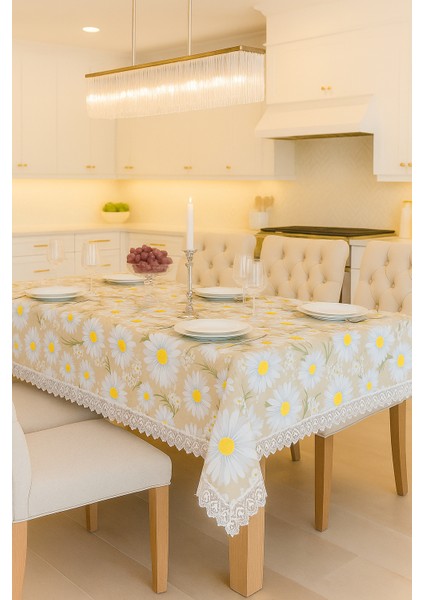 Lüks Papatya Masa Örtüsü - Dantel Süslemeli Modern Tasarım Leke Tutmaz Su Geçirmez