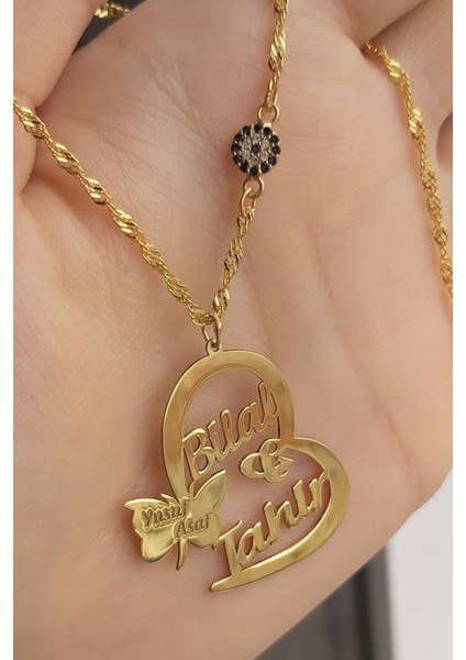 925 Ayar Gümüş 24 Ayar Altın Kaplama Nazar Boncuklu Kelebekli Kalp Kolye