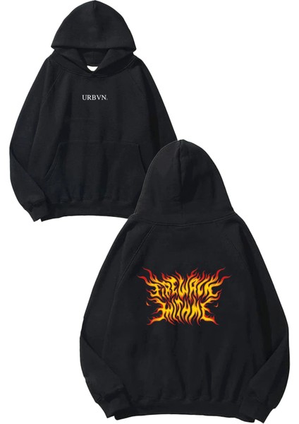 Fire Walk Tasarım Baskılı Oversize Siyah Kapüşonlu Sweatshirt