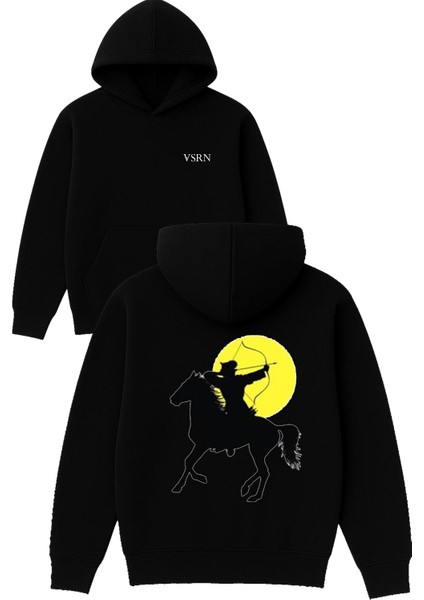 Atlı Okçu Tasarım Baskılı Oversize Siyah Kapüşonlu Sweatshirt