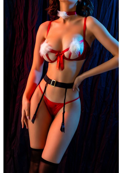 Göğüs Ucu Ponponlu Yılbaşı Kırmızı Fantazi Kostüm, Kadın Seksi Gecelik,jartiyer Takım,çorap Dahildir fiyatları