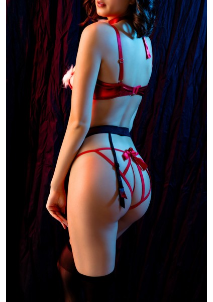 Göğüs Ucu Ponponlu Yılbaşı Kırmızı Fantazi Kostüm, Kadın Seksi Gecelik,jartiyer Takım,çorap Dahildir fırsatları