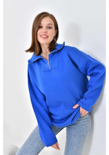 Kadın Sweat Boyunlu ve Yakası Fermuarlı Şardonlu Sweat Mavi - D007
