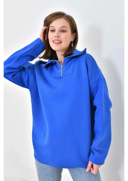 Kadın Sweat Boyunlu ve Yakası Fermuarlı Şardonlu Sweat Mavi - D007 fiyatları