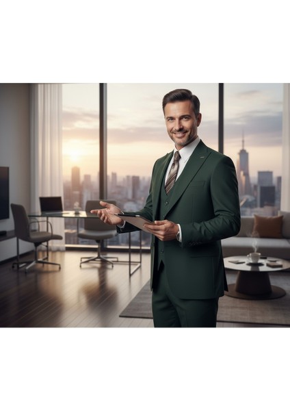 Slim Fit, Mono Yaka, Blazer, Erkek Takım Elbise, Erkek Zümrüt Yeşili