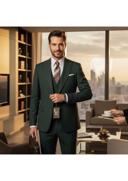 Slim Fit, Mono Yaka, Blazer, Erkek Takım Elbise, Erkek Zümrüt Yeşili
