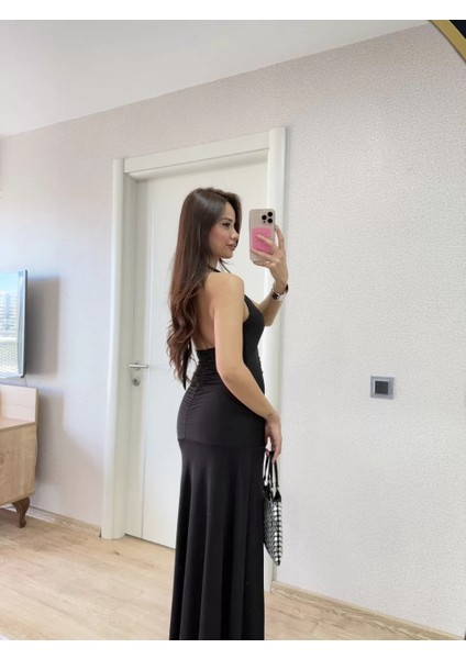 Sırt Dekolteli Uzun Elbise - Siyah