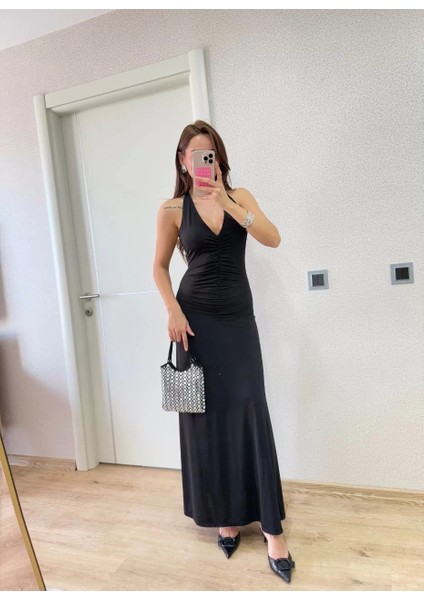 Sırt Dekolteli Uzun Elbise - Siyah indirimleri