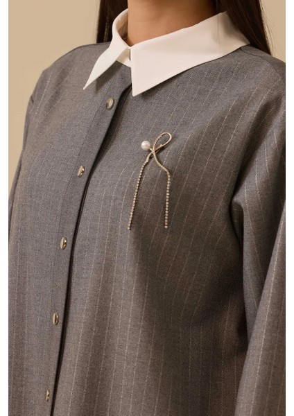 Kadın Aksesuar Detaylı Çizgili Tunik - Gri modelleri