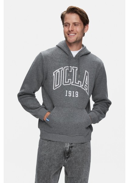 Jepsen Koyu Gri Kapüşonlu Nakışlı Standard Fit Erkek Sweatshirt