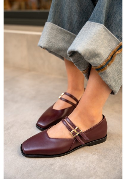 Jadon Bordo Deri Çift Toka Detaylı Babet fiyatları