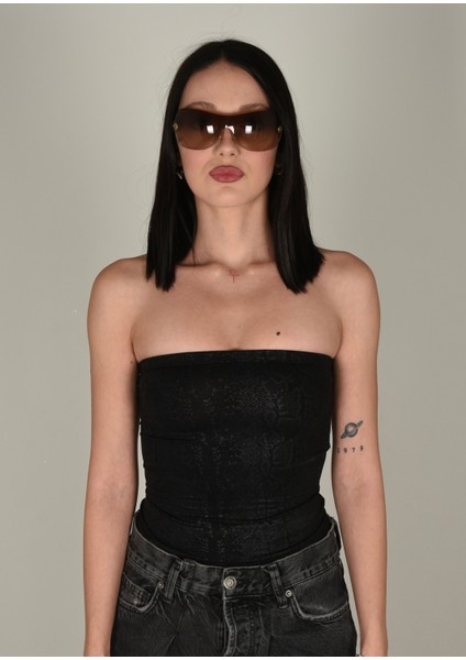 Yılan Desenli Siyah Straplez Crop
