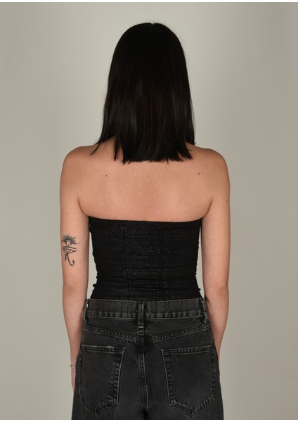 Yılan Desenli Siyah Straplez Crop fiyatları