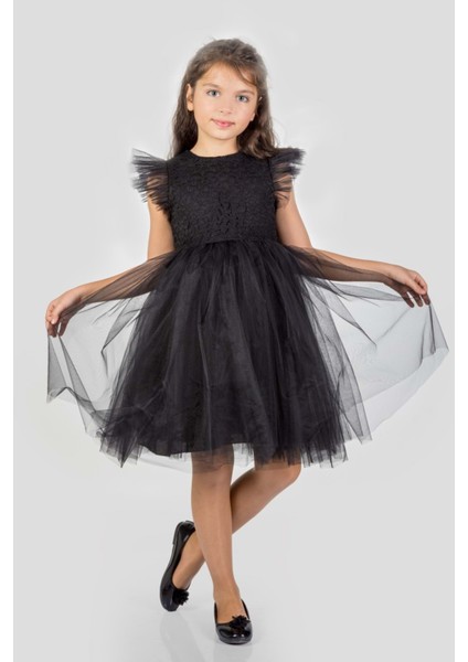 Roza Dantel Tütü Kız Çocuk Abiye Elbise MNK0546 - Siyah - 8 Yaş
