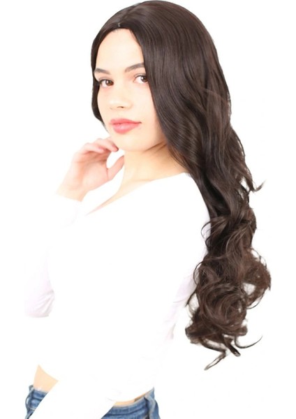 Yoğun Dalgalı Fiber Sentetik Uzun Perçemsiz Peruk-Kahverengi modelleri