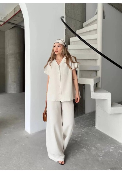 Keten Kısa Kollu Cepli Gömlek Pantolon Ikili Takım - Beyaz fiyatları