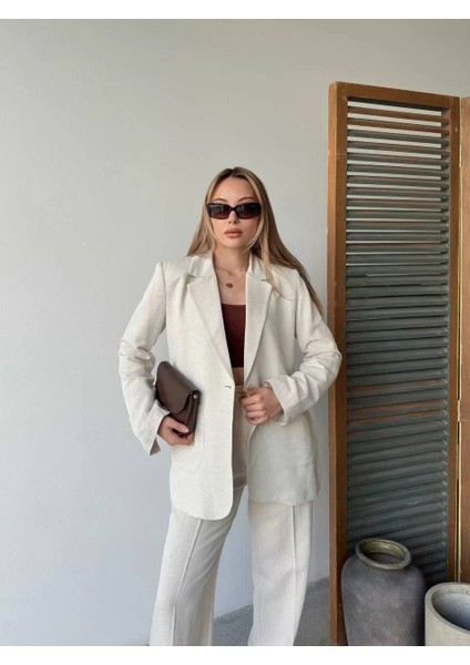 Keten Ceket Pantolon Ilik Düğmeli Uzun Kollu Yırtmaçlı Ikili Takım - Beyaz