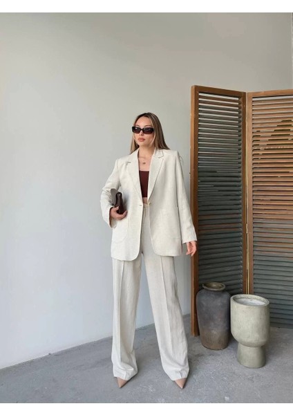 Keten Ceket Pantolon Ilik Düğmeli Uzun Kollu Yırtmaçlı Ikili Takım - Beyaz fırsatları