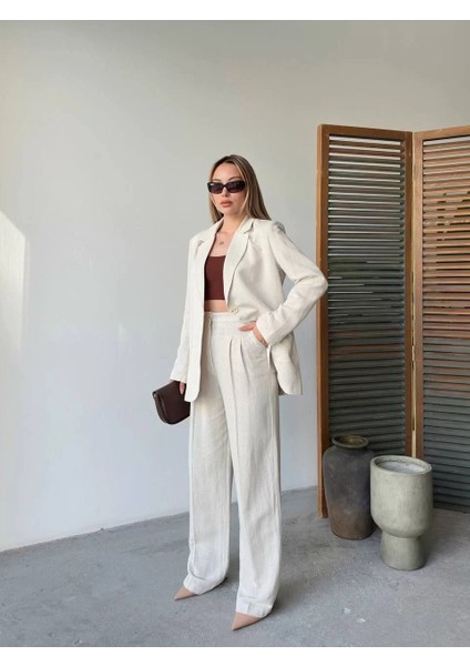 Keten Ceket Pantolon Ilik Düğmeli Uzun Kollu Yırtmaçlı Ikili Takım - Beyaz indirimleri