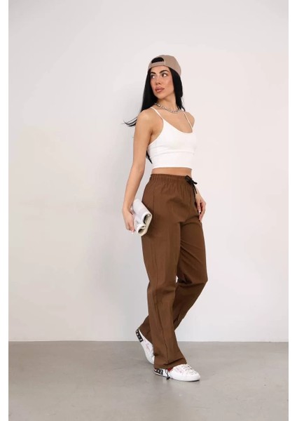 Praşut Kumaş Paça Cepli Baggy Eşofman - Kahve