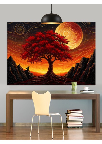 Kırmızı Ağaç ve Günbatımı Dekoratif Kanvas - Mdf Ahşap Tablo