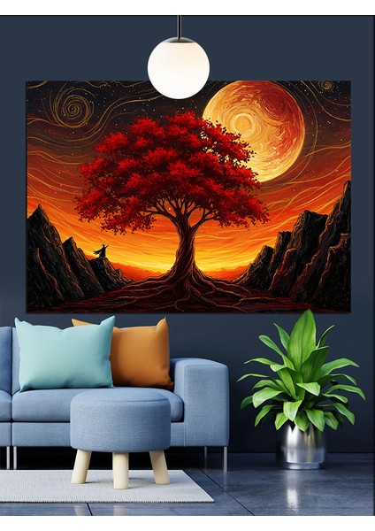 Kırmızı Ağaç ve Günbatımı Dekoratif Kanvas - Mdf Ahşap Tablo fiyatları