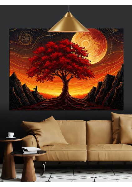 Kırmızı Ağaç ve Günbatımı Dekoratif Kanvas - Mdf Ahşap Tablo modelleri