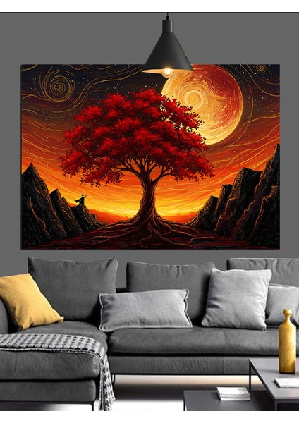 Kırmızı Ağaç ve Günbatımı Dekoratif Kanvas - Mdf Ahşap Tablo fırsatları