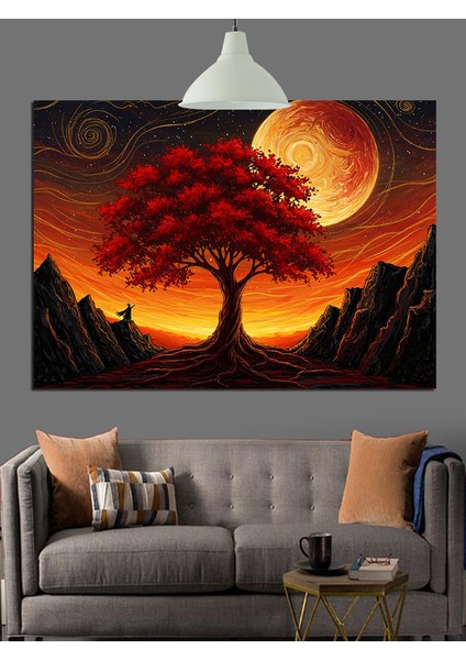 Kırmızı Ağaç ve Günbatımı Dekoratif Kanvas - Mdf Ahşap Tablo indirimleri
