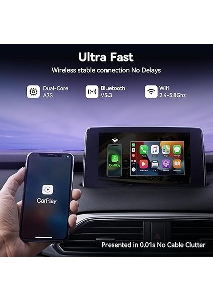 Simple Is Beauty CZ016 Kablosuz Carplay Adaptörü, iPhone 6 ve Ile Üzeri Uyumlu, USB Bağlantılı, Wi-Fi + Bluetooth, Sesle Kontrol, 2.4 Ghz, USB ve Type-C Giriş, Siyah fırsatları