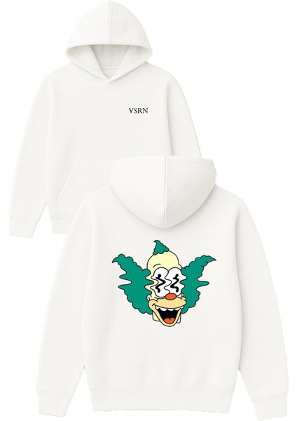 Bulanık Palyaco Tasarım Baskılı Oversize Beyaz Kapüşonlu Sweatshirt