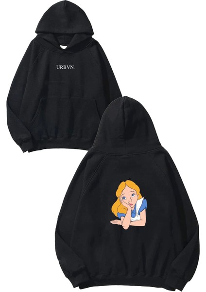 Cinderella Tasarım Baskılı Oversize Siyah Kapüşonlu Sweatshirt
