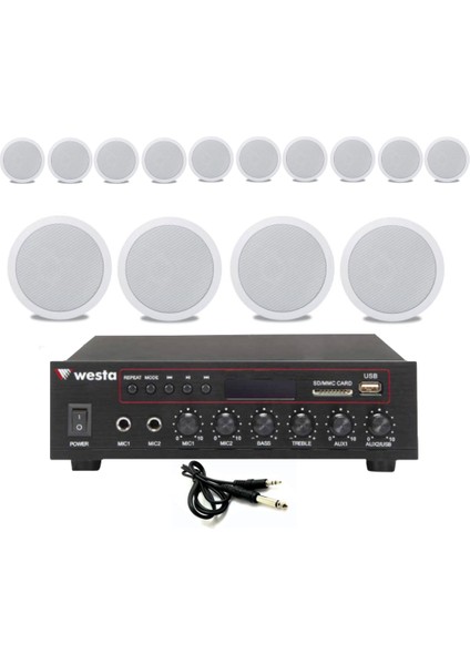 14’lü Beyaz Tavan Hoparlörlü 100V Anfi Ses Sistemi | Kafe Mağaza Ofis Müzik Seti