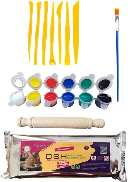 Doğal Seramik Hamuru Seramik Hamuru Başlangıç Seti 4-6'lı Boya Seti, 5li Ebeşuar, Merdane, Fırça, 1000GR Doğal Kil Beyaz